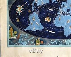 Lucien Boucher Air France World Map Shows Zodiac Original Vintage Poster