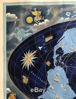 Lucien Boucher Air France World Map Shows Zodiac Original Vintage Poster