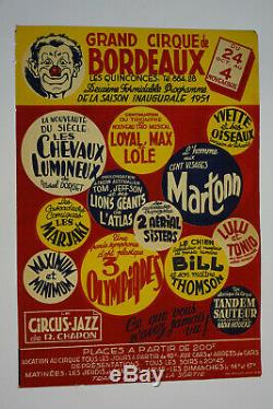 Original Antique Circus Poster Bordeaux 1951 Vintage Circus Posters