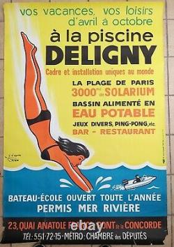 Paris Swimming Pool Baths Deligny Poster Old Litho/original Pool Poster 1970's