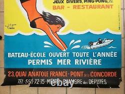Paris Swimming Pool Baths Deligny Poster Old Litho/original Pool Poster 1970's