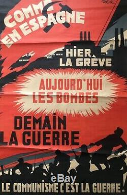 Rare Poster Litho 1936 Phil Anti War Peace Original French Communist Post