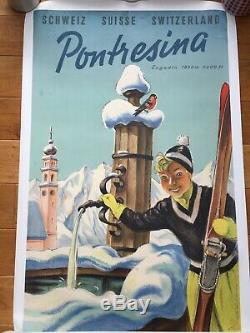 Affiche Poster Original 1955 Pontresina Engadin Swiss Schweiz Switzerland Ski