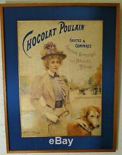 Affiche Publicitaire Originale Chocolat Poulain signée Abbema fin XIX Poster