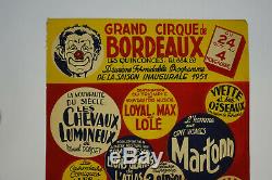 Affiche ancienne originale cirque de BORDEAUX 1951, vintage CIRCUS POSTER