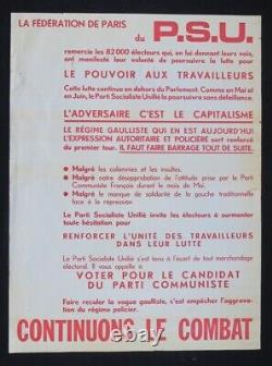Affiche originale mai 68 CONTINUONS LE COMBAT PARIS PSU poster 1968 472