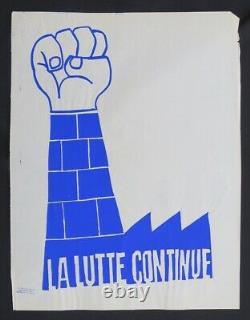 Affiche originale sérigraphiée mai 68 LA LUTTE CONTINUE poster may 1968 653
