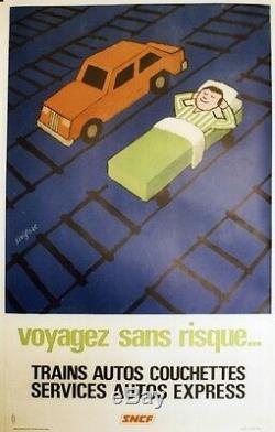 SNCF VOYAGEZ SANS RISQUE Affiche originale entoilée SAVIGNAC 1970 67x105cm